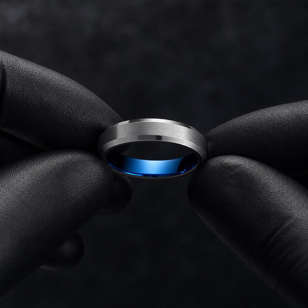 Gloved hands presenting the Jolt ring, brushed silver exterior and electric blue interior visible