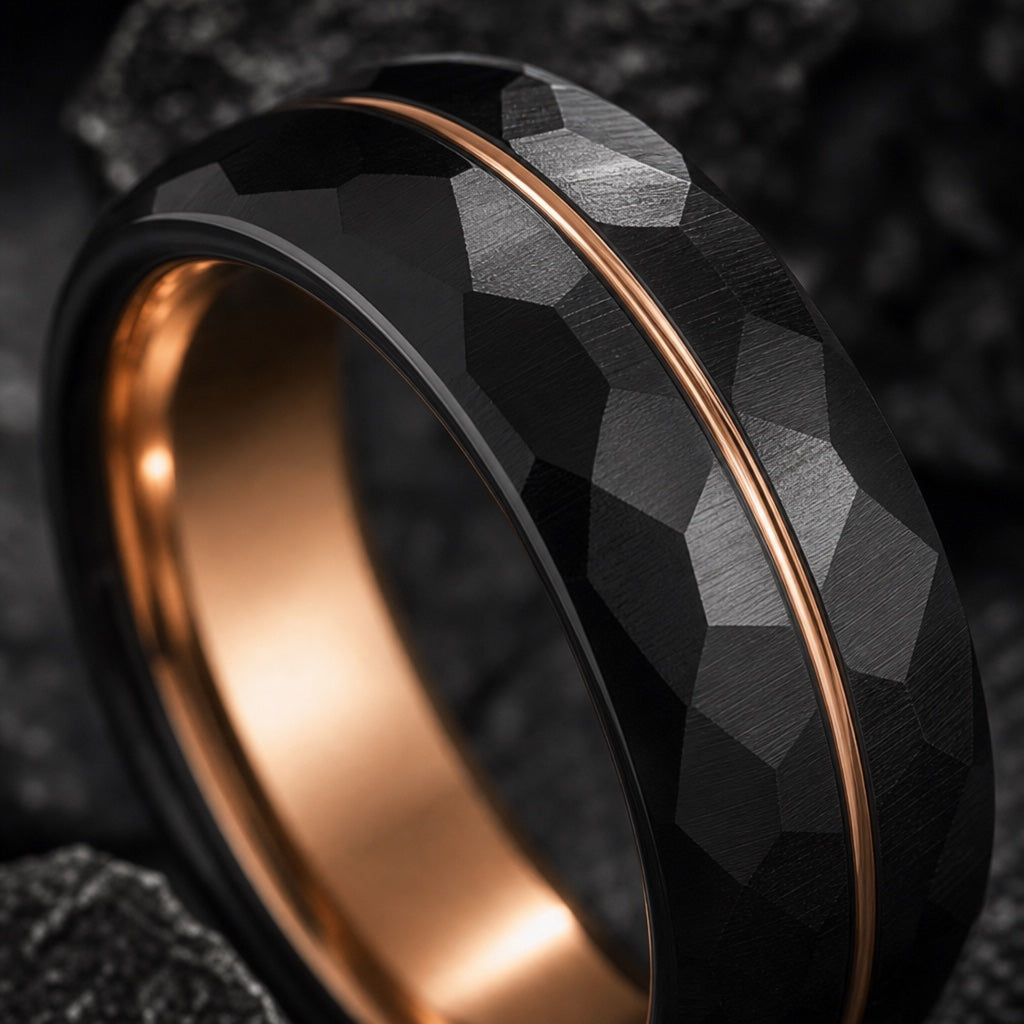 Macro of the Kingpin ring's hammered matte black faceted face with thin offset rose-gold line on dark charcoal stone