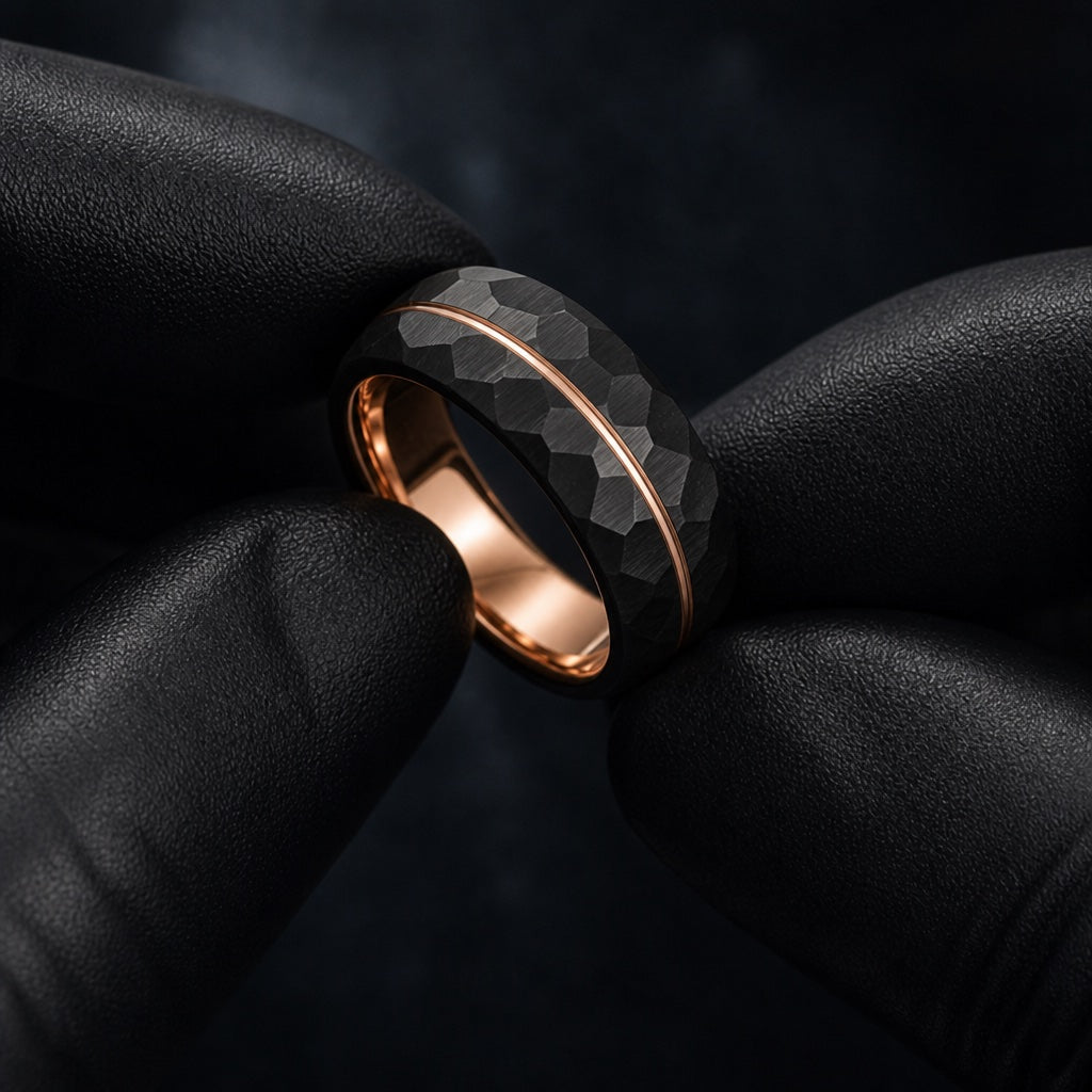 Gloved hands presenting the Kingpin ring, rose-gold interior and offset line visible