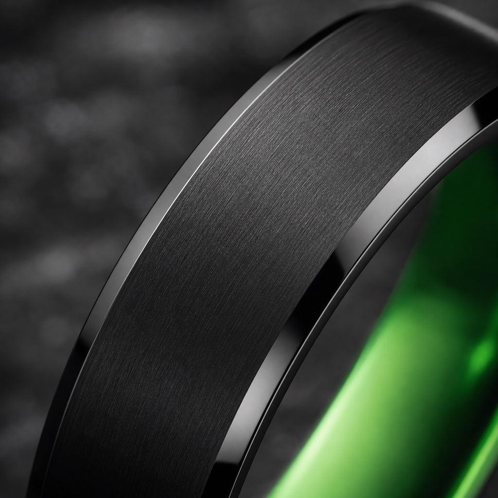 Macro of the Lucky ring's brushed black tungsten exterior