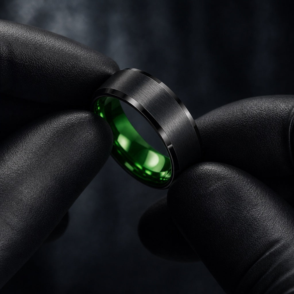 Gloved hands presenting the Lucky ring, black exterior and green interior visible