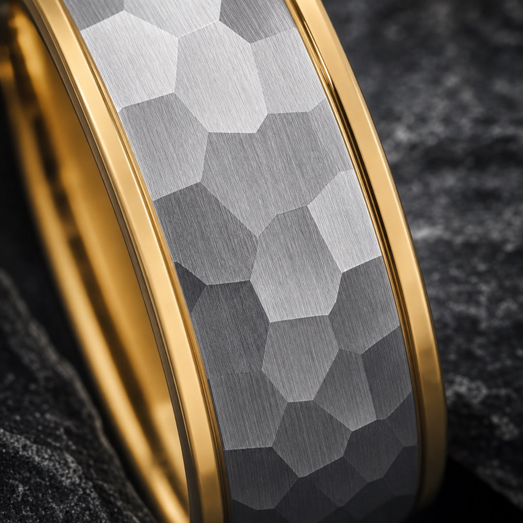 Macro of the Lustre ring's wide centred hammered silver faceted face between gold rails on dark charcoal stone