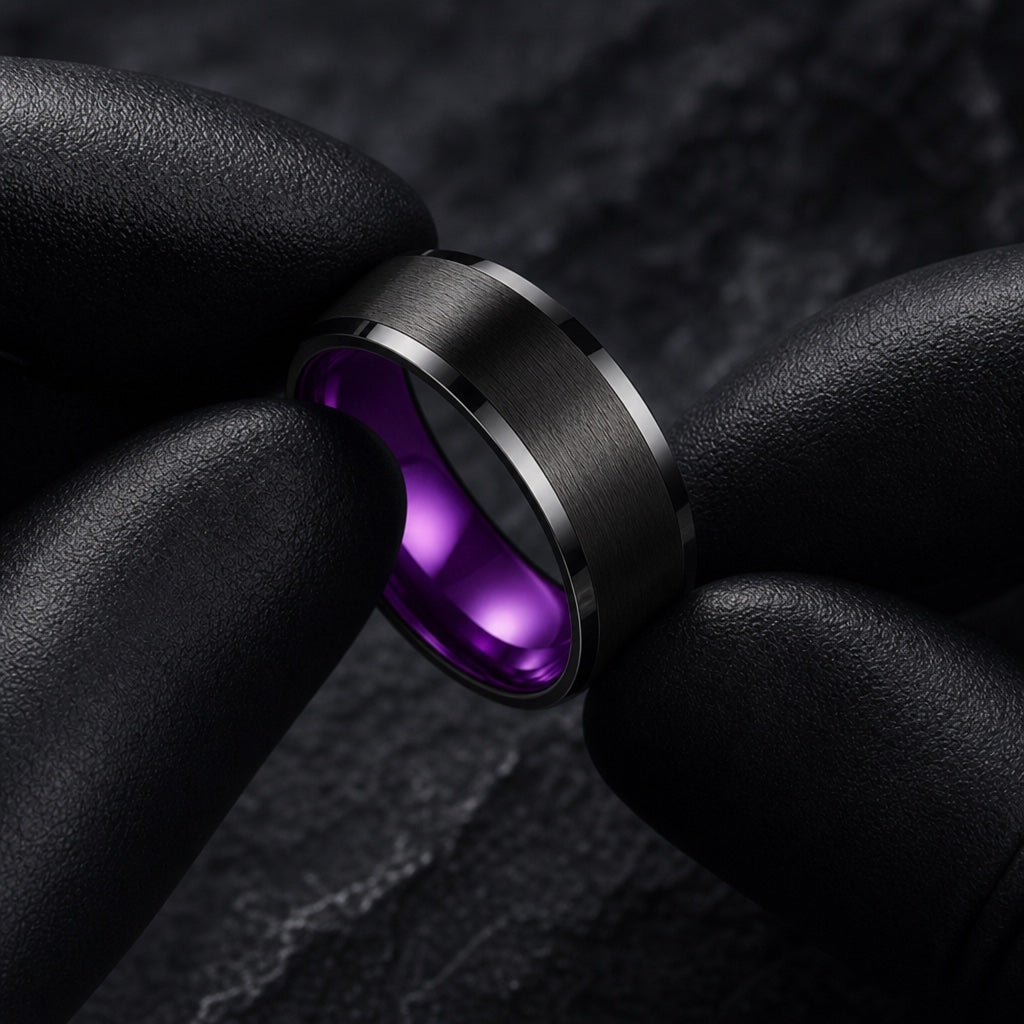 Gloved hands presenting the Magnificent ring, purple interior and brushed black exterior visible