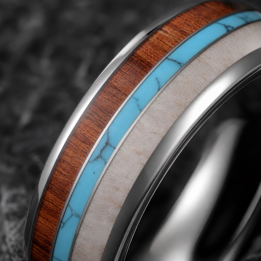 Macro of the Mana ring showing three centred inlays of koa wood, turquoise, and pearl on dark charcoal stone