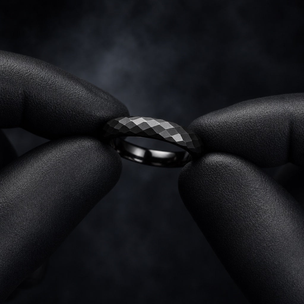 Black latex gloved hands presenting the Marvel ring, comfort-fit curve and slim hammered matte black face visible