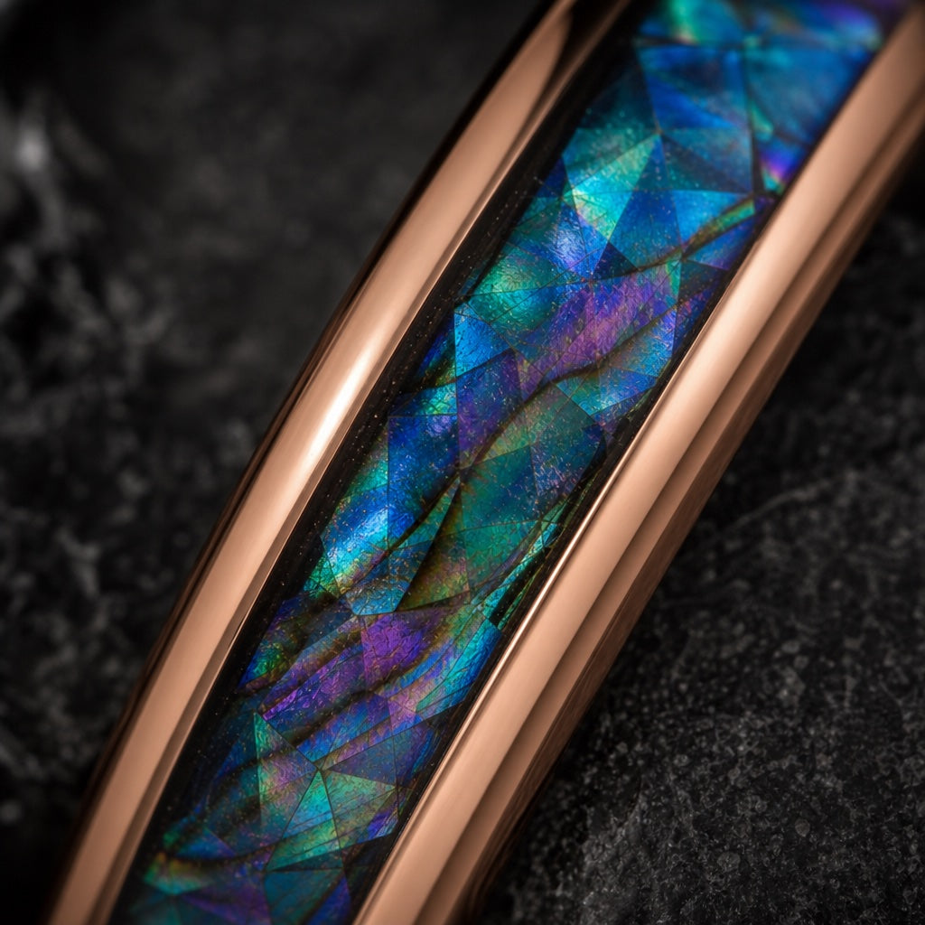 Macro of the Mystic ring centred abalone inlay in polished rose gold on dark charcoal stone