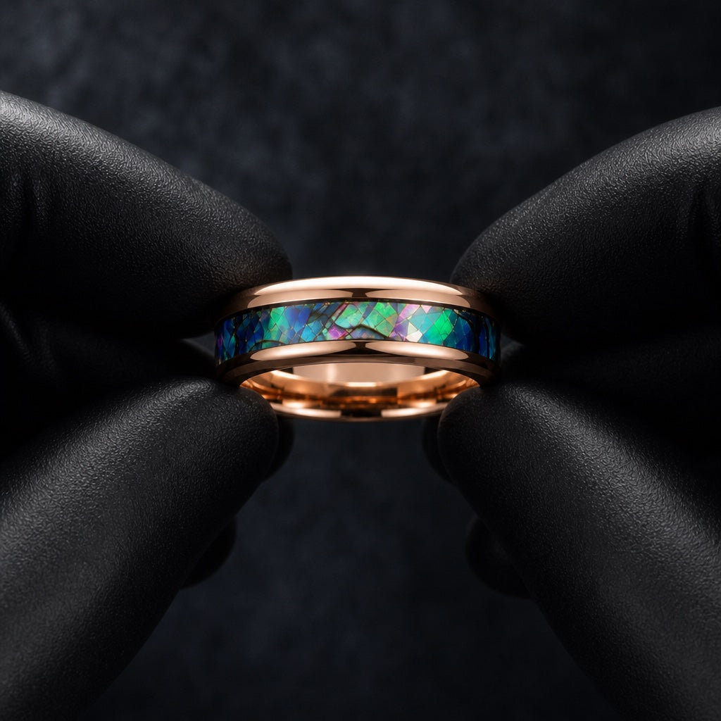 Black latex gloves presenting the Mystic ring with rose gold and centred abalone