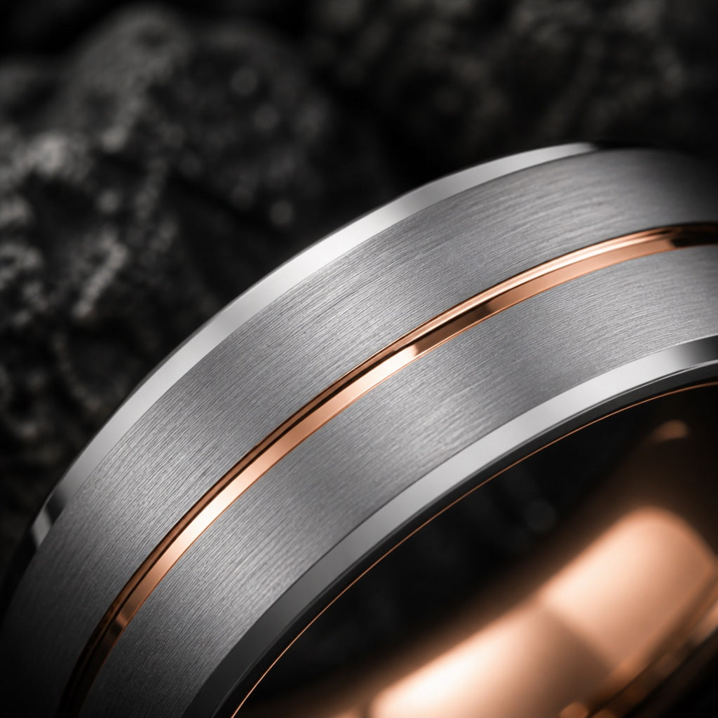 Macro of the Navigator ring's thin centred rose-gold groove splitting brushed silver into two parallel bands on dark charcoal stone