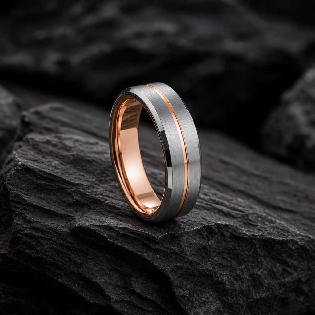 The Navigator ring resting against dark charcoal rock, brushed silver body, bevelled rails and rose-gold groove visible