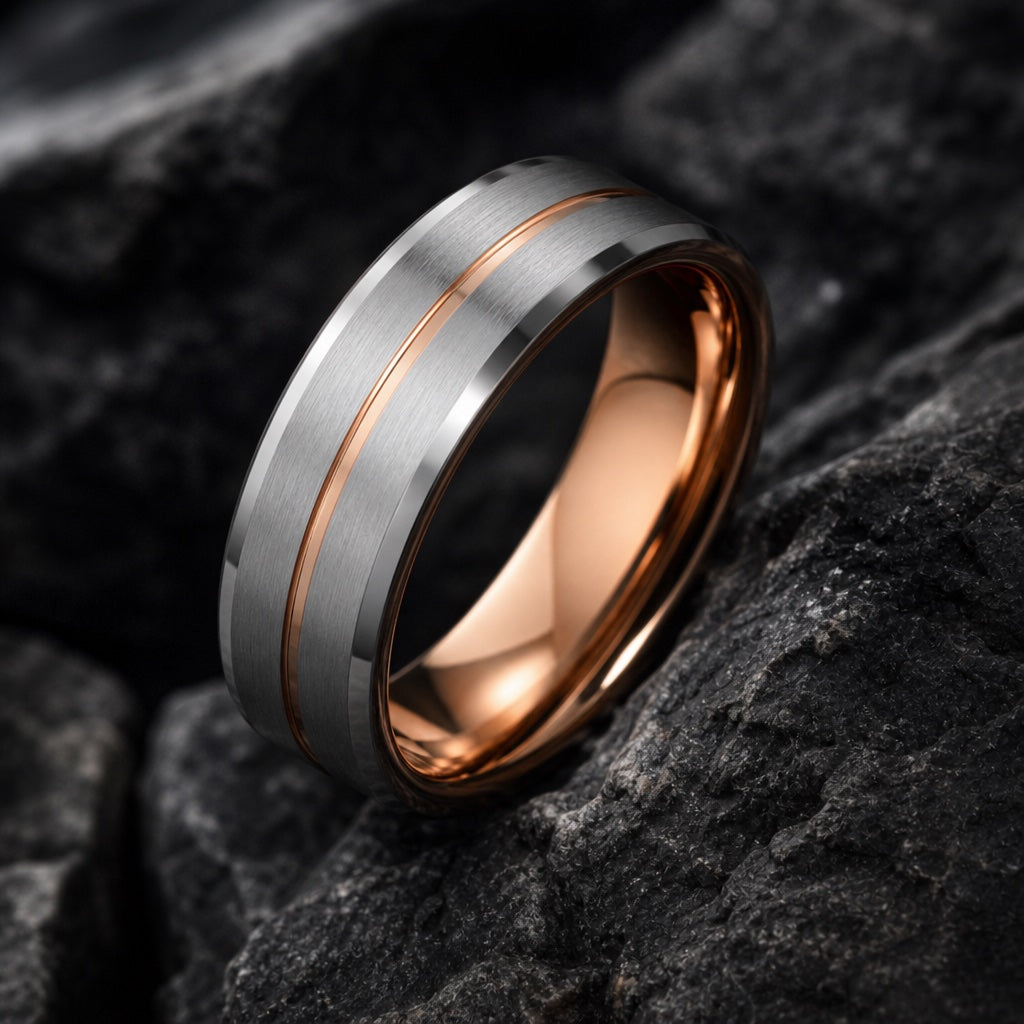 Navigator ring angled on dark charcoal stone to show the polished rose-gold interior of the band