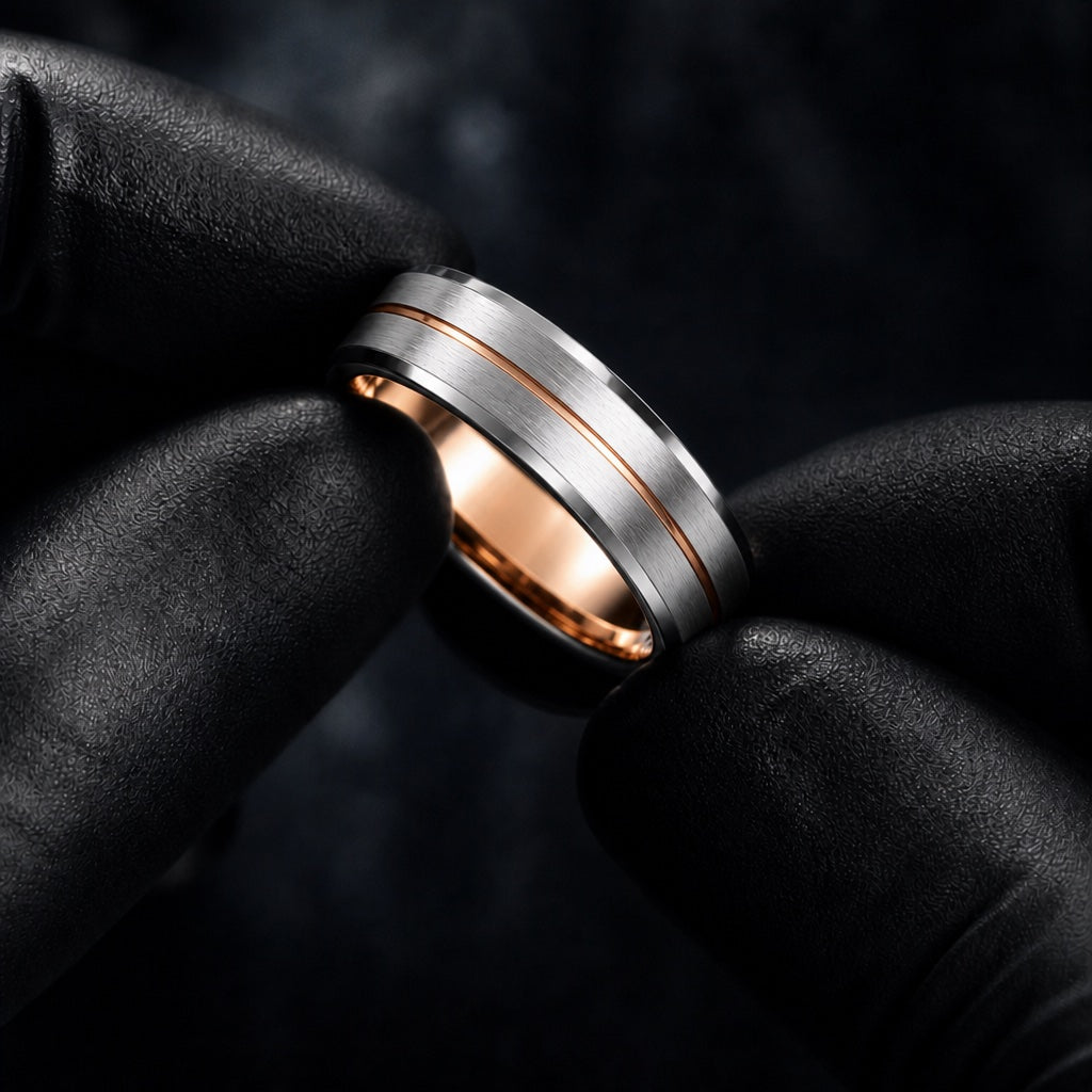 Gloved hands presenting the Navigator ring, rose-gold groove, bevelled rails and comfort-fit curve visible