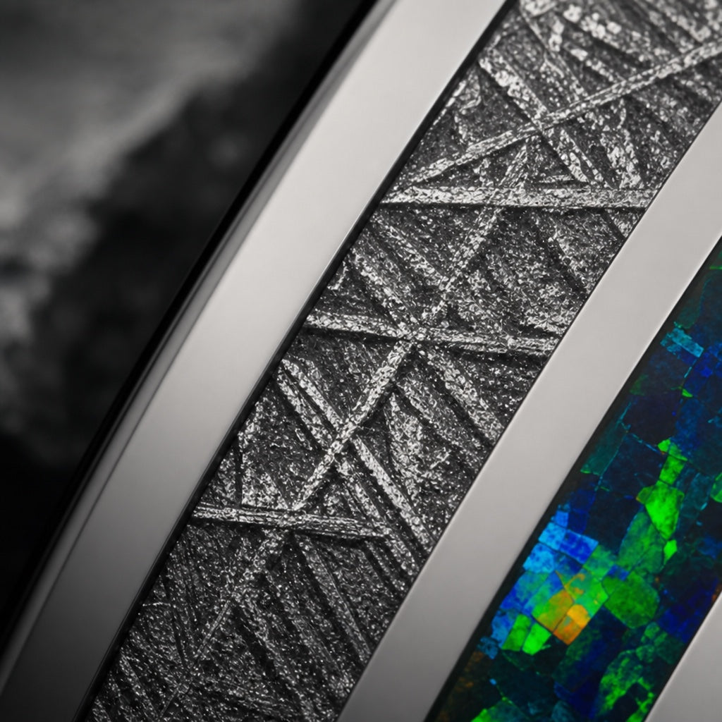 Macro of the Nebula ring's twin meteorite inlays and abalone centre