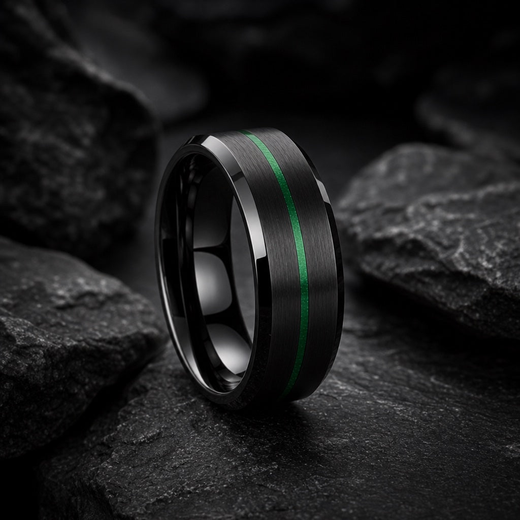 Neo ring showing bevelled polished black rails and brushed face with centred green line on dark charcoal stone