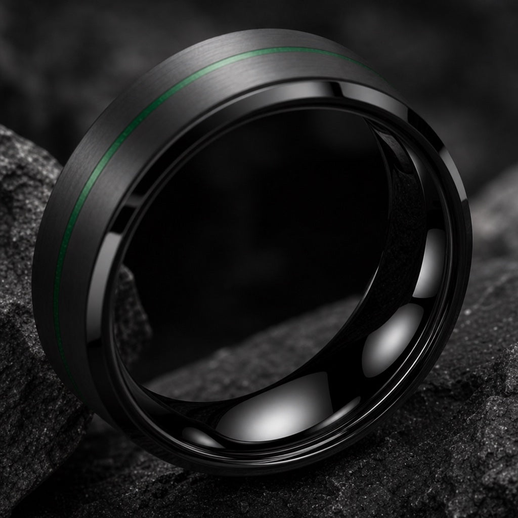 Neo ring angled on dark charcoal stone to show the polished blank black interior