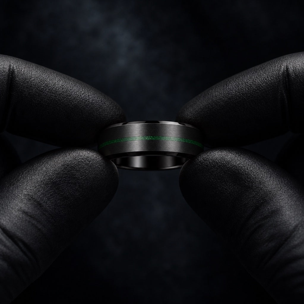 Black latex gloved hands presenting the Neo ring, centred green line and bevelled black profile visible