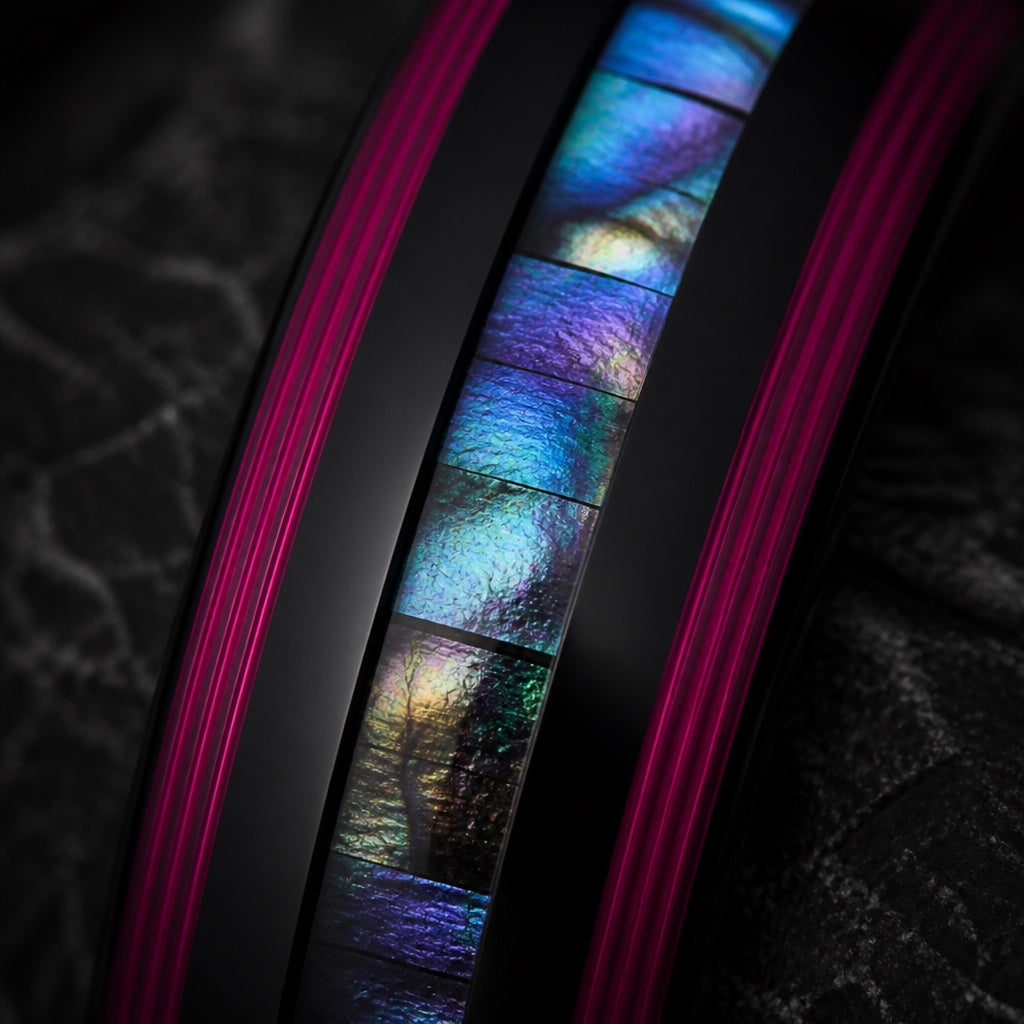 Macro of the Neon ring centred abalone channel between neon pink rails on dark charcoal stone