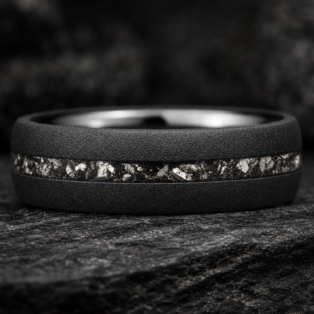 Extreme close-up of the Orion ring's brushed black tungsten exterior