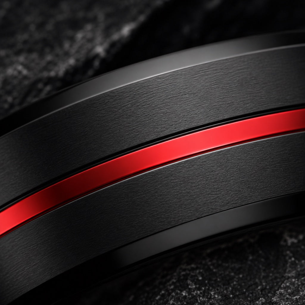 Macro of the Outlaw ring's thin centred polished red groove on brushed black tungsten