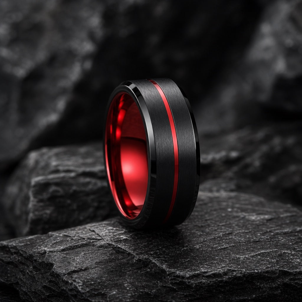 Outlaw ring showing brushed black face, centred red groove, and polished black bevelled rims