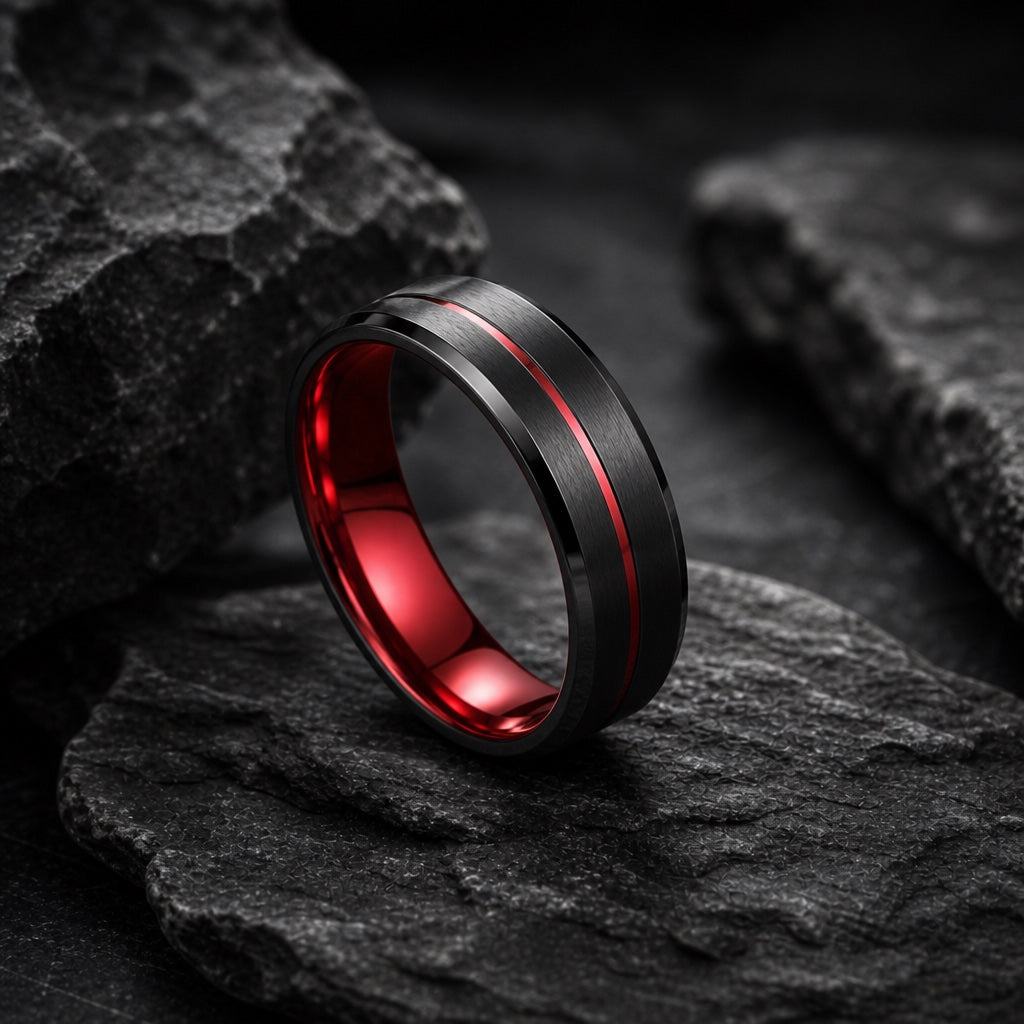 The Outlaw ring resting against dark charcoal rock, brushed black body and centred red groove visible