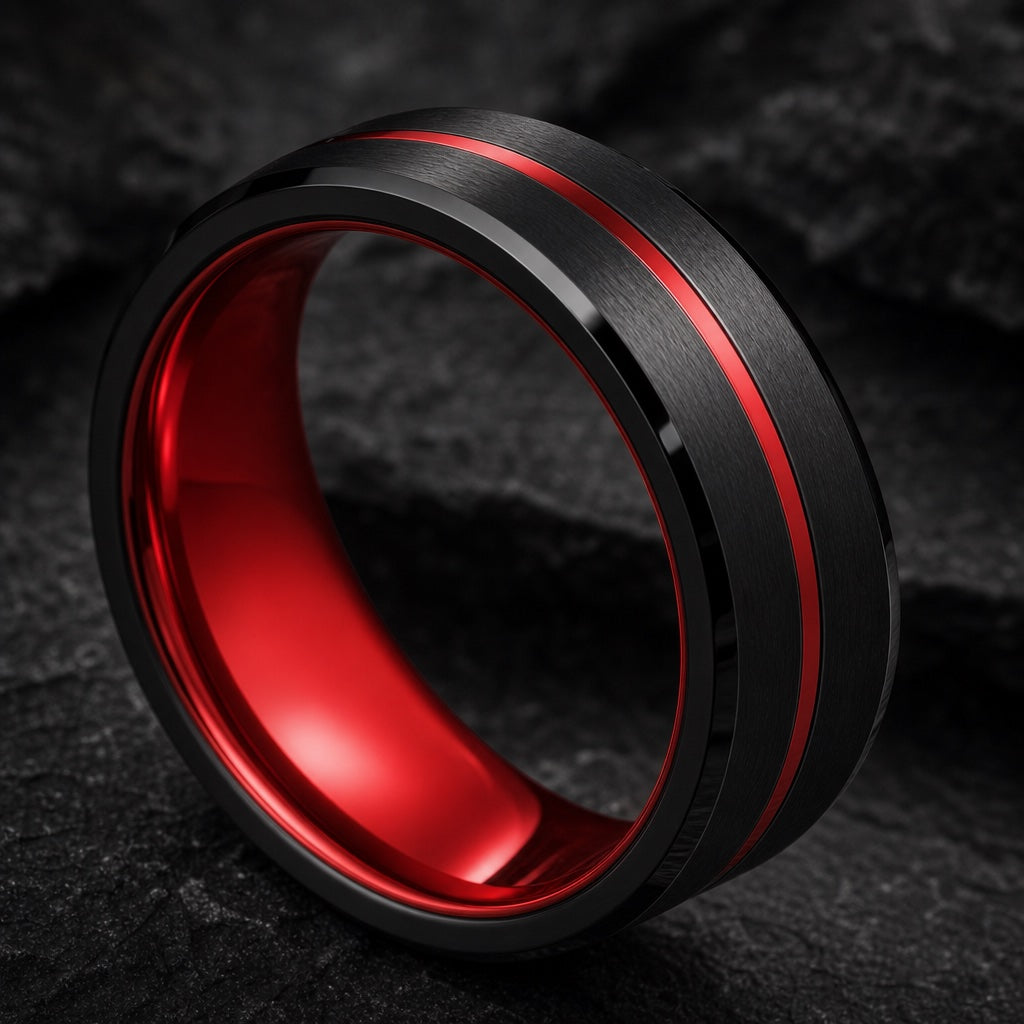 Outlaw ring angled on dark charcoal stone to show the polished metallic red interior of the band