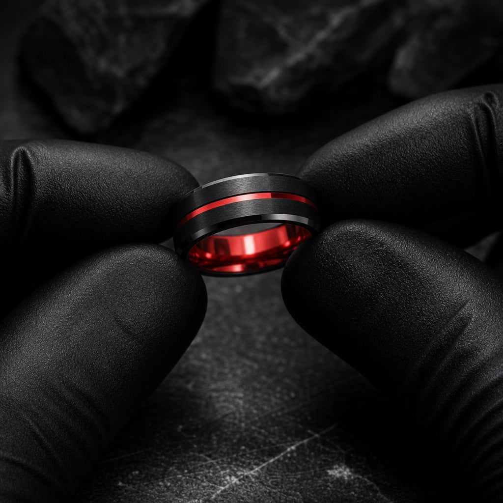 Gloved hands presenting the Outlaw ring, centred red groove and comfort-fit curve visible
