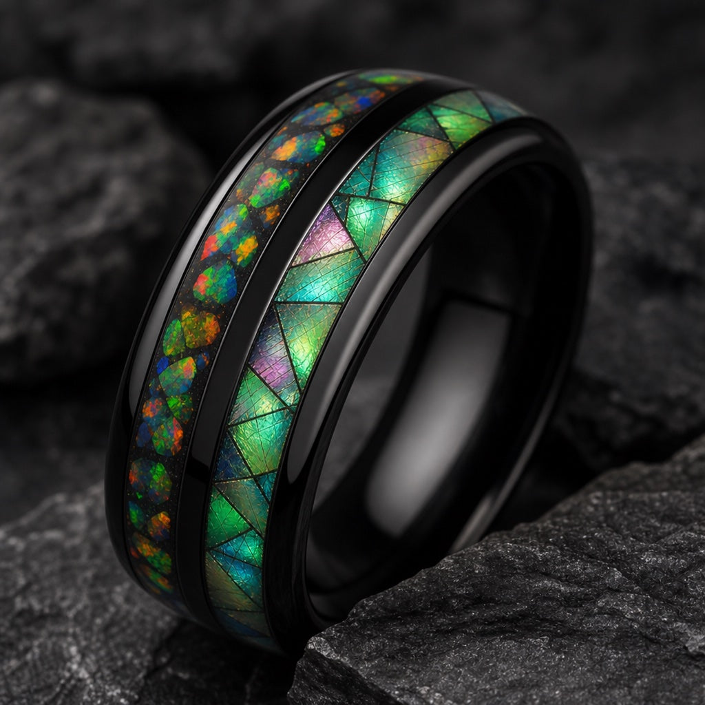 Paladin ring showing iridescent abalone geometric scale channel distinct from crushed fire opal on dark charcoal stone