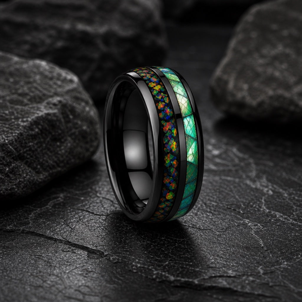 The Paladin ring resting against dark charcoal rock, polished black body and dual inlay channels visible