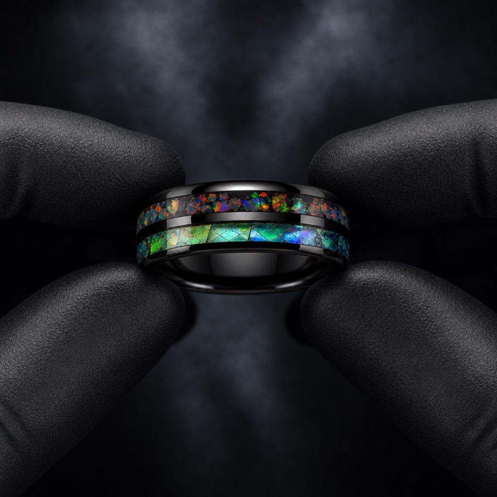 Gloved hands presenting the Paladin ring, comfort-fit black interior and dual inlay channels visible