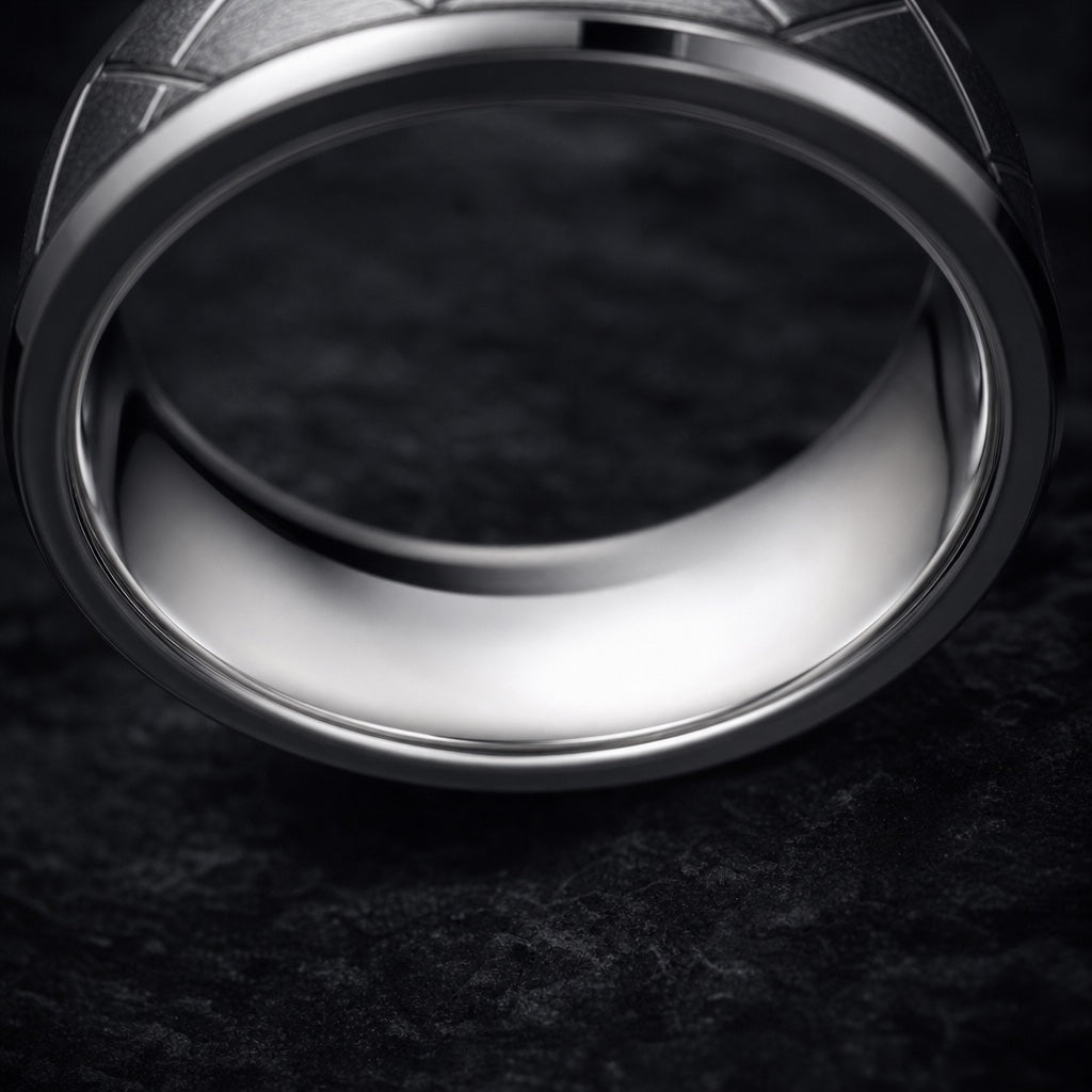 Pioneer ring angled on dark charcoal stone to show the polished blank silver interior with bevelled rails and lattice rim visible