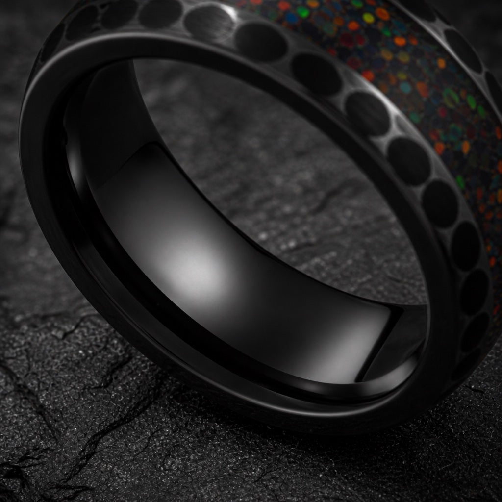 Prime ring angled on dark stone to show blank polished black interior