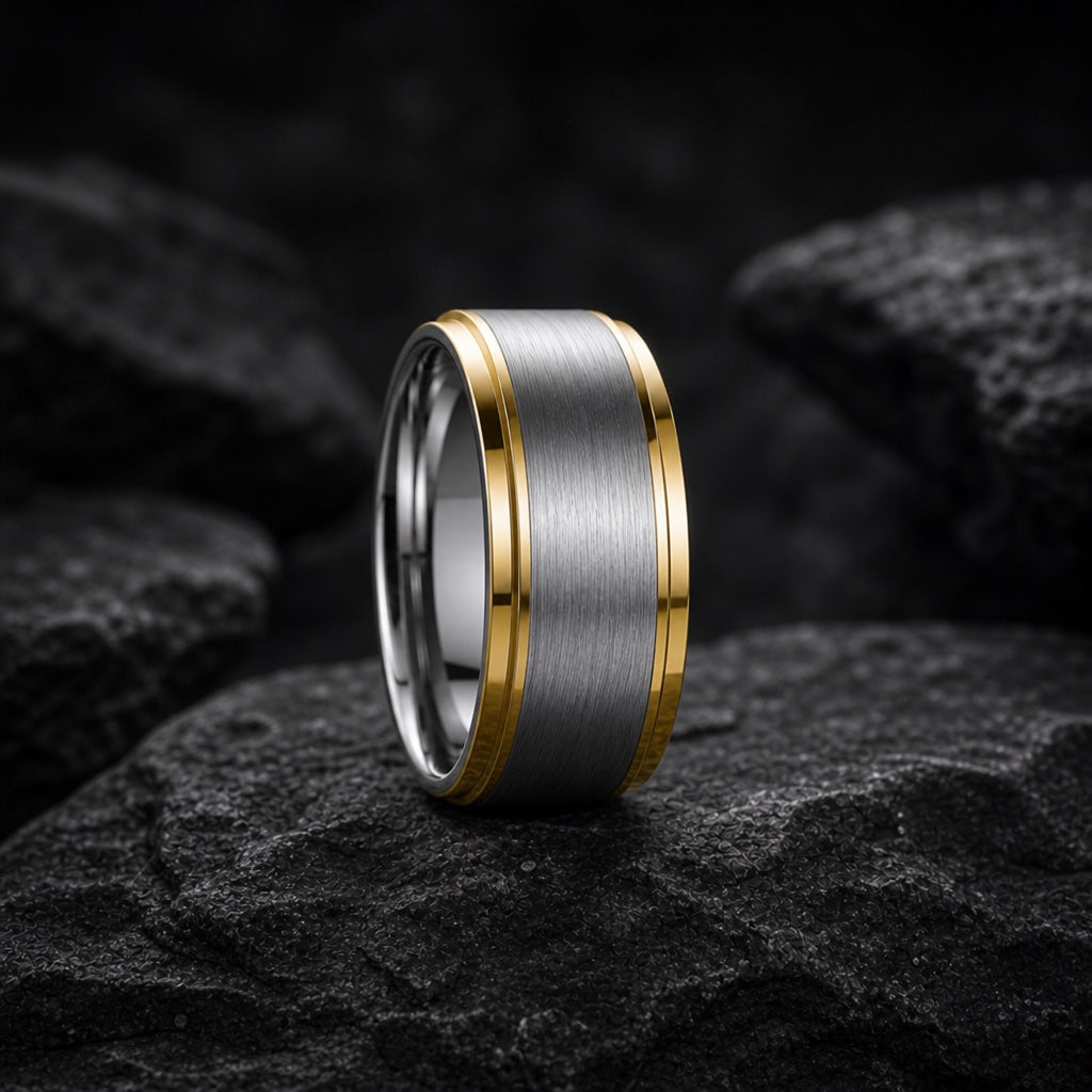 The Prospect ring resting on dark charcoal rock, brushed silver centre and equal yellow-gold stepped rails fully readable