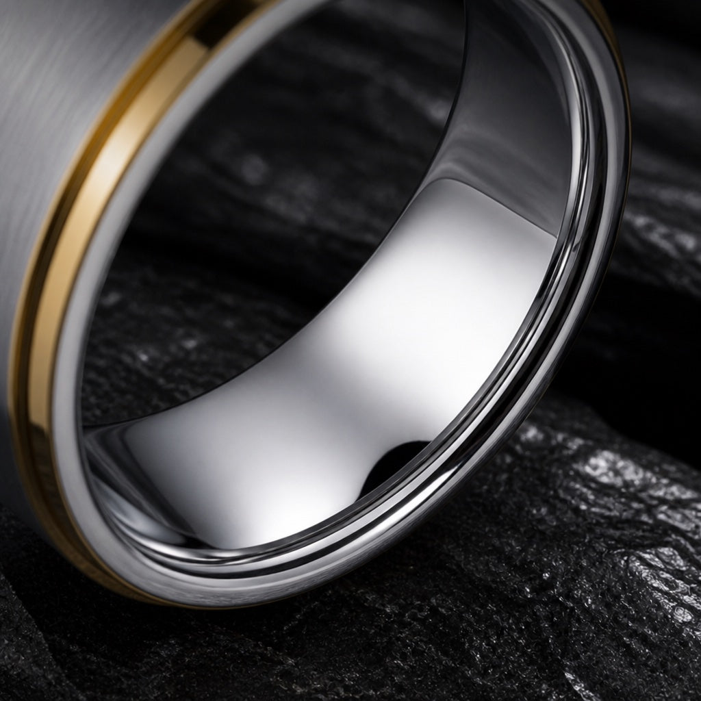 Prospect ring angled on dark charcoal stone to show the polished blank silver interior with yellow-gold stepped rails visible at the rim