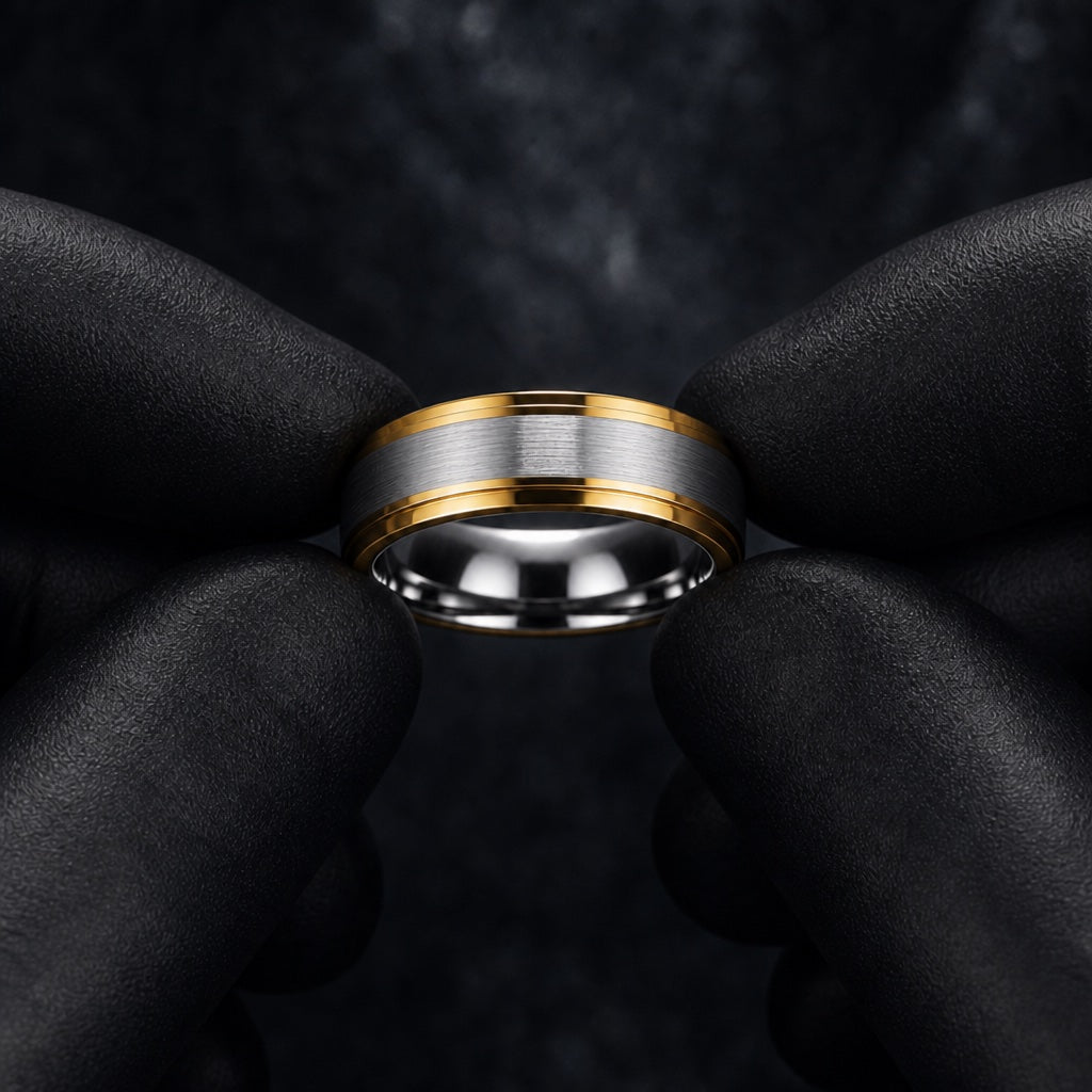 Gloved hands presenting the Prospect ring, brushed silver centre, yellow-gold steps, and comfort-fit curve visible