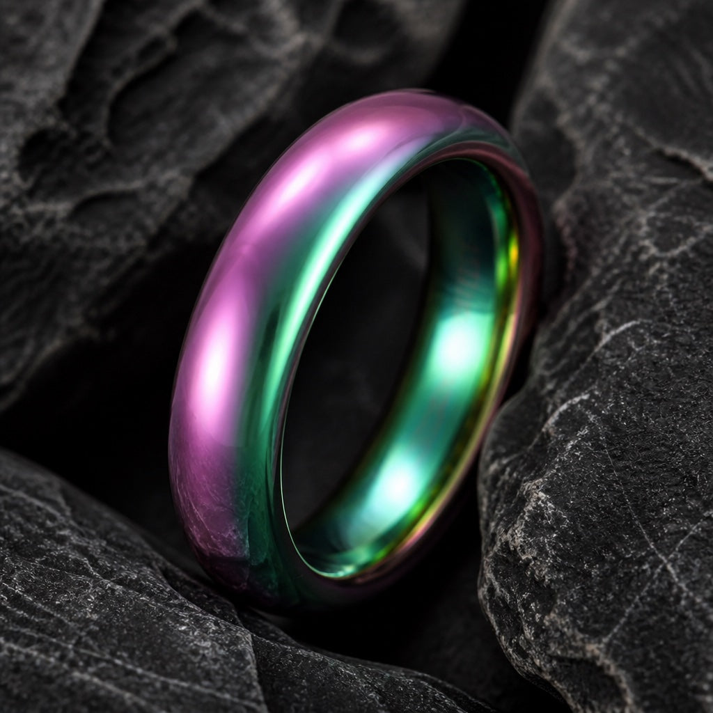 Macro of the Proud ring full-face polished iridescent rainbow finish on dark charcoal stone