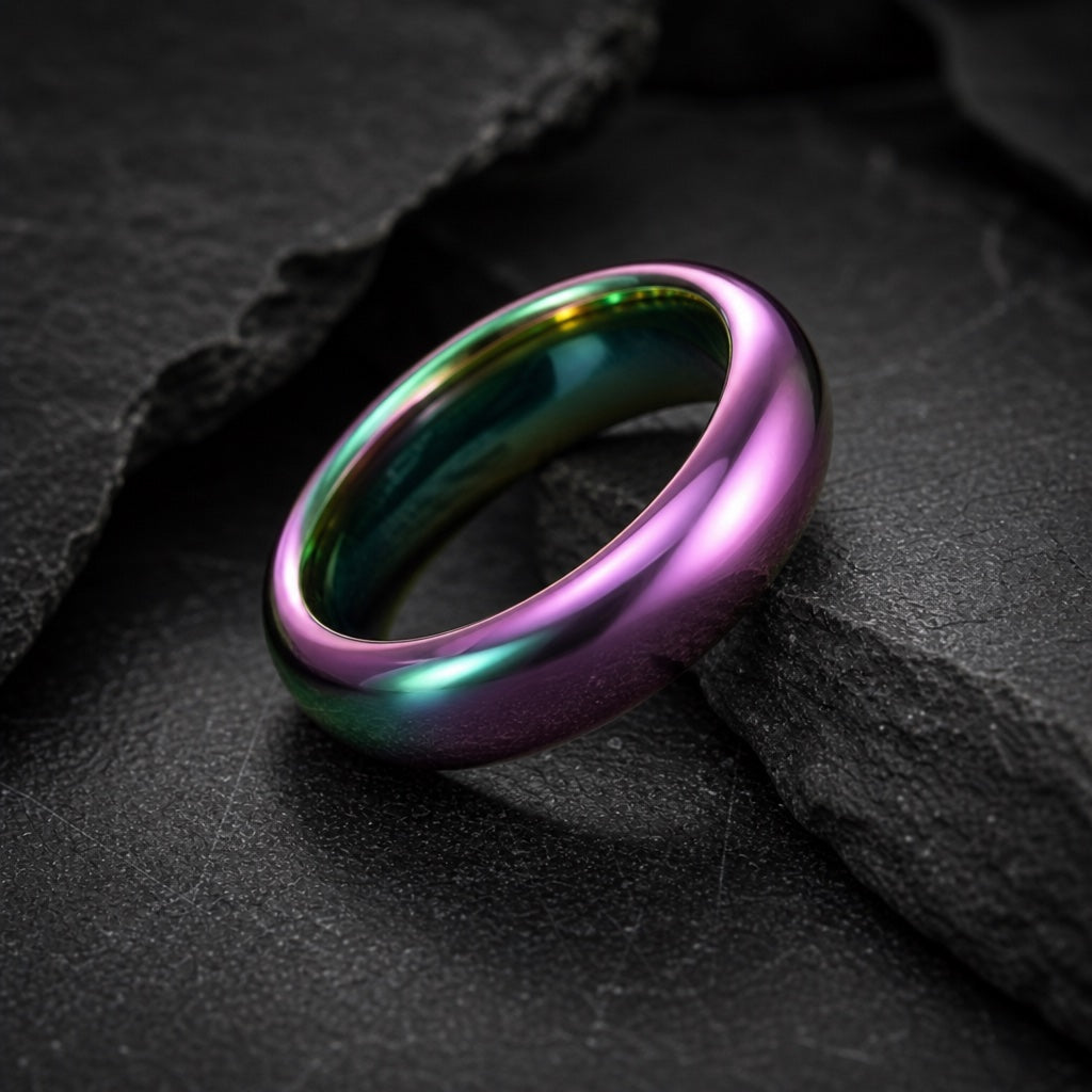 Proud ring showing the round soft-dome profile and polished rainbow exterior on dark stone