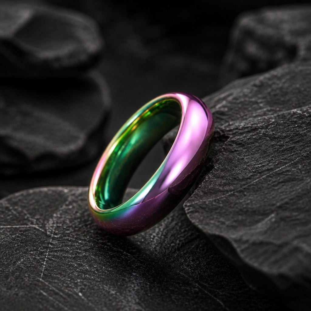 The Proud ring resting against dark charcoal rock, full polished rainbow body visible