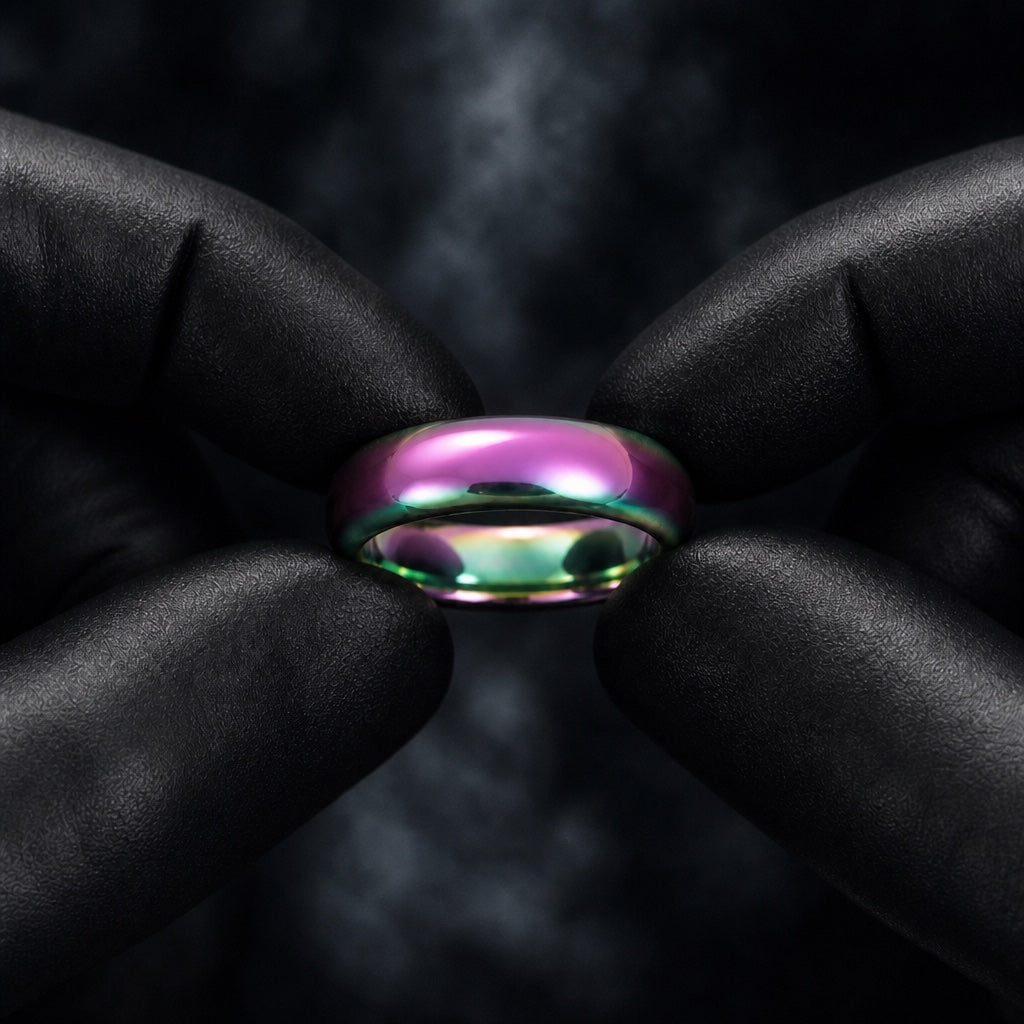 Gloved hands presenting the Proud ring, comfort-fit curve and rainbow interior visible