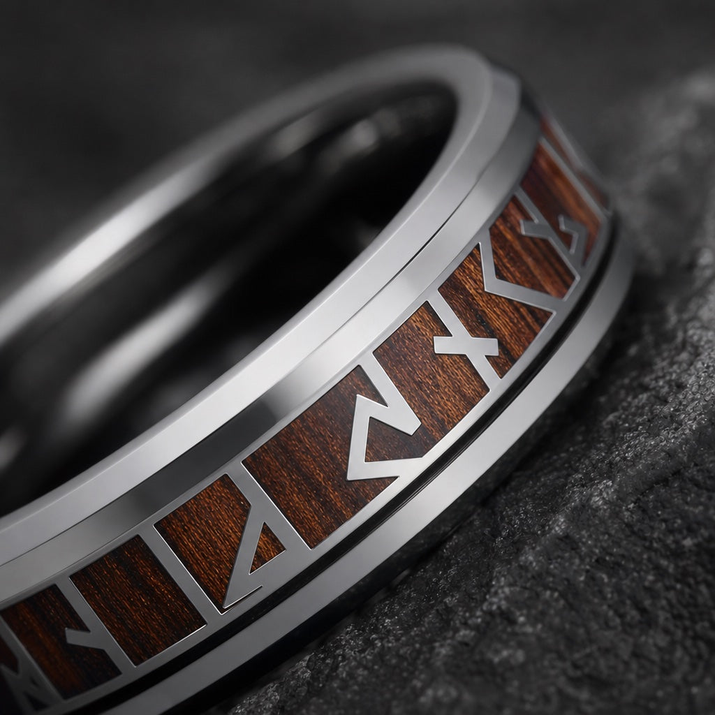 Macro of the Raider ring's dark wood inlay with silver Norse runes