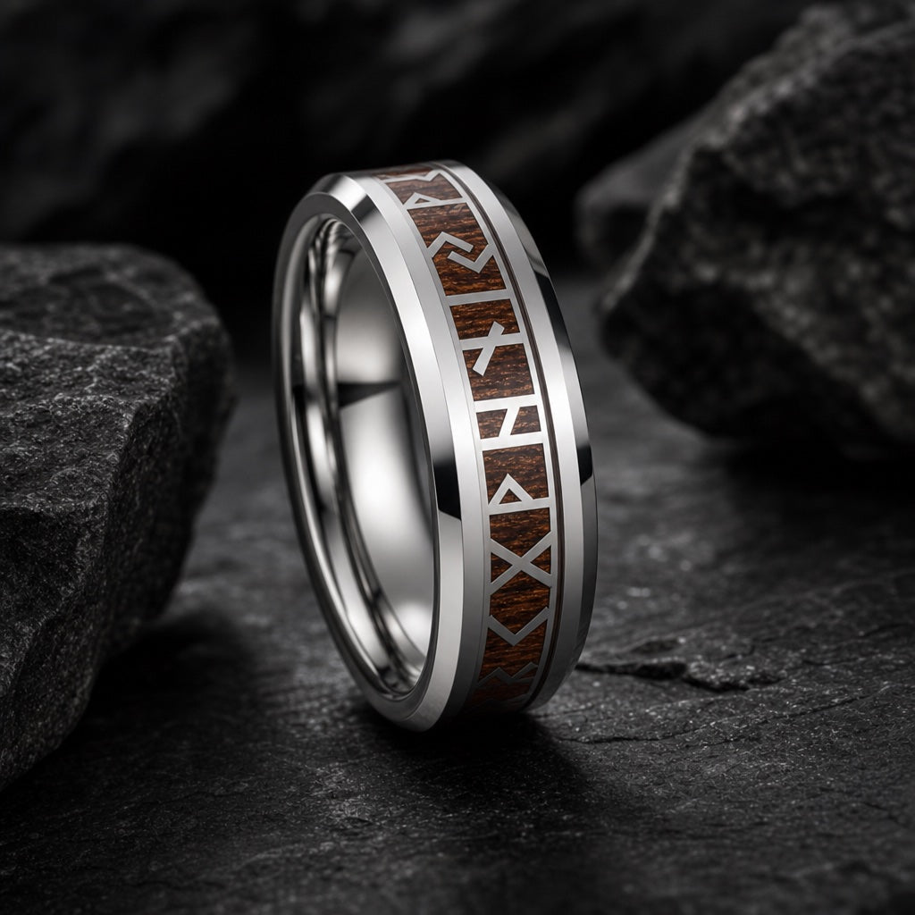 Raider ring showing polished bevelled silver outer rails against dark stone
