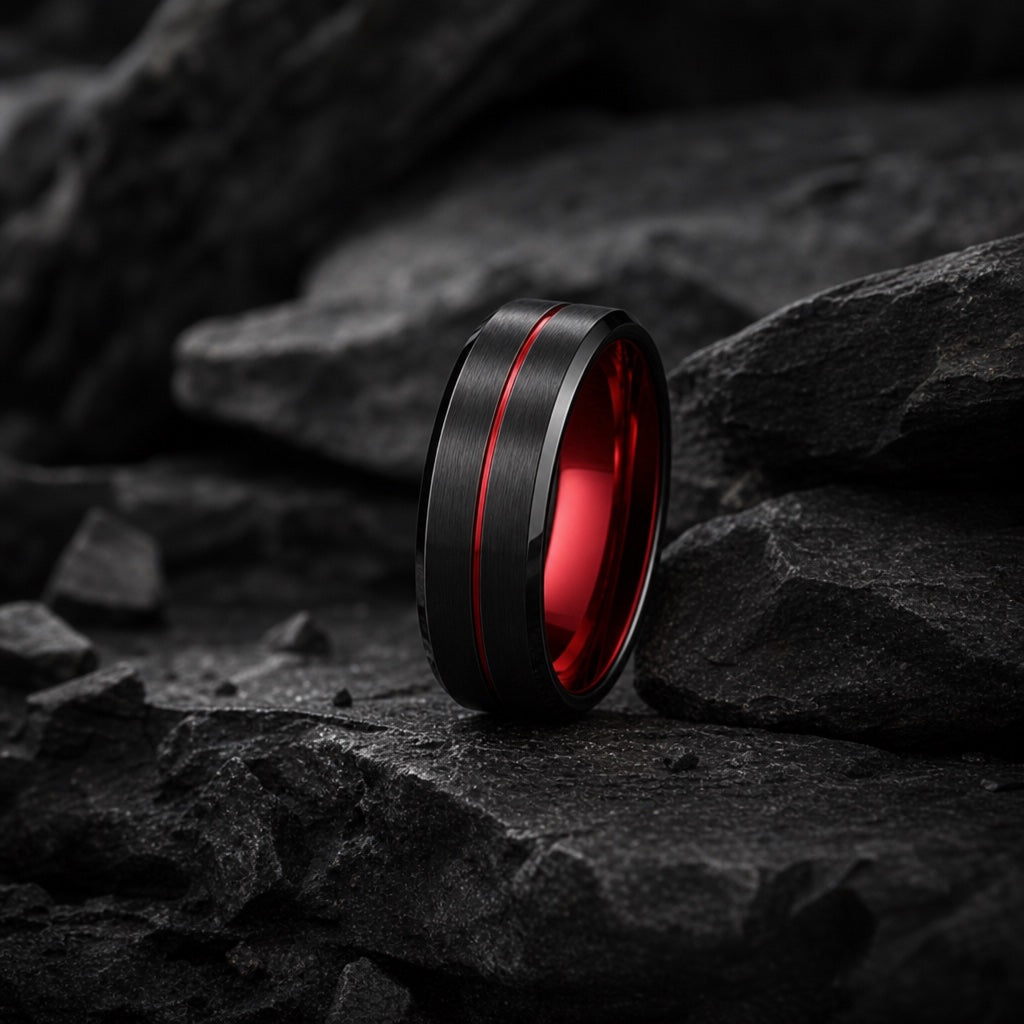 The Rogue ring resting against dark rock, brushed black body and centred red groove visible
