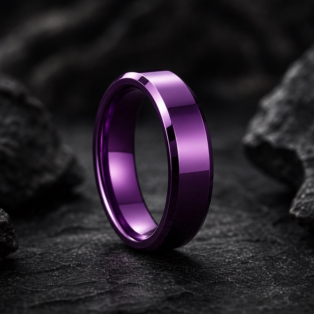 Royal ring showing polished bevelled purple edges against the solid purple face on dark charcoal stone