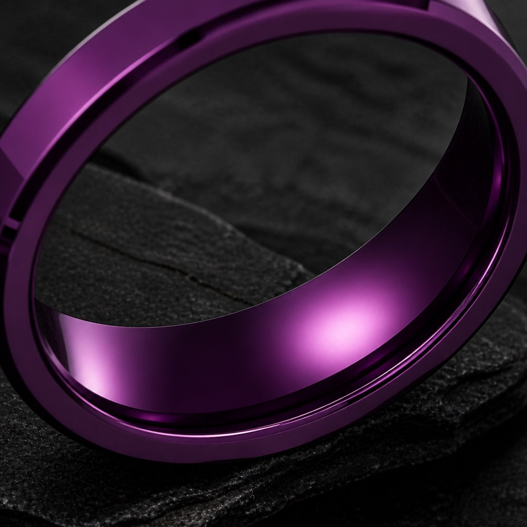 Royal ring angled on dark charcoal stone to show the polished royal purple interior of the band