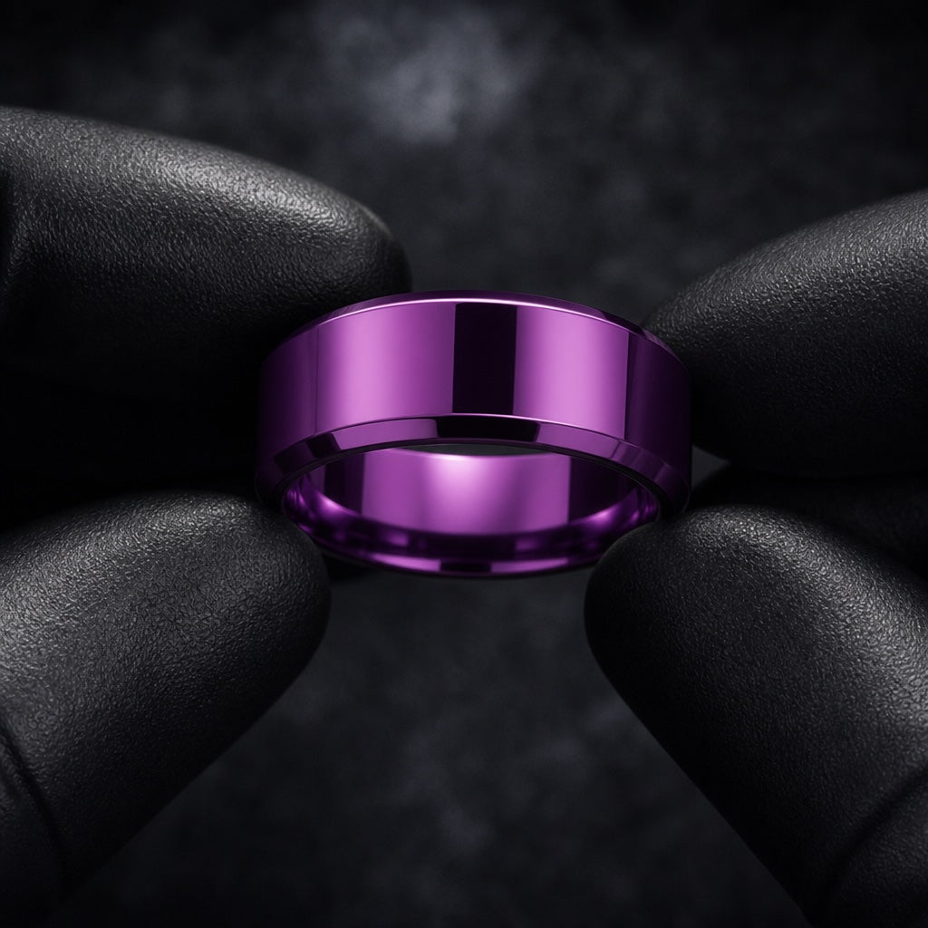 Gloved hands presenting the Royal ring, solid polished purple and bevelled edges visible