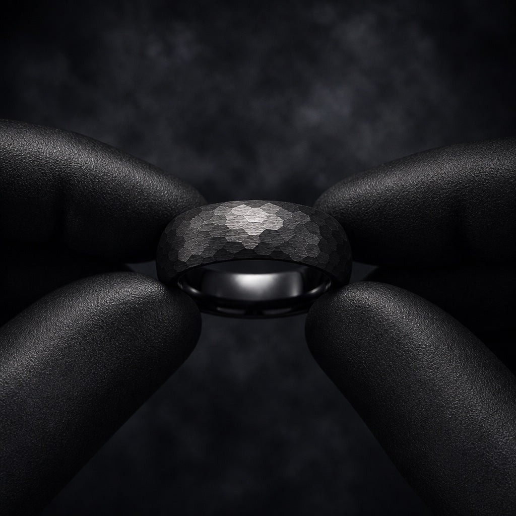 Black latex gloved hands presenting the Rugged ring, comfort-fit curve and hammered matte black face visible