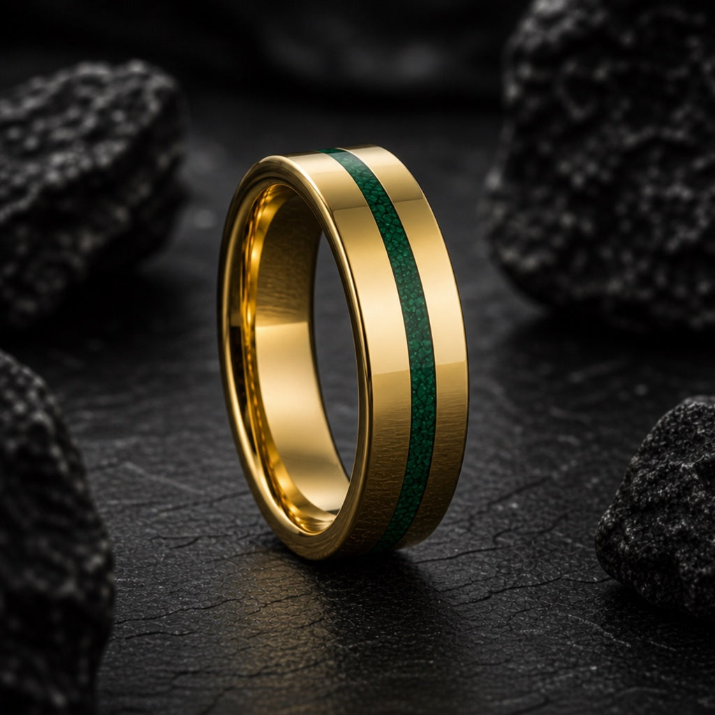 Sage ring showing the off-centre malachite channel and asymmetric gold field