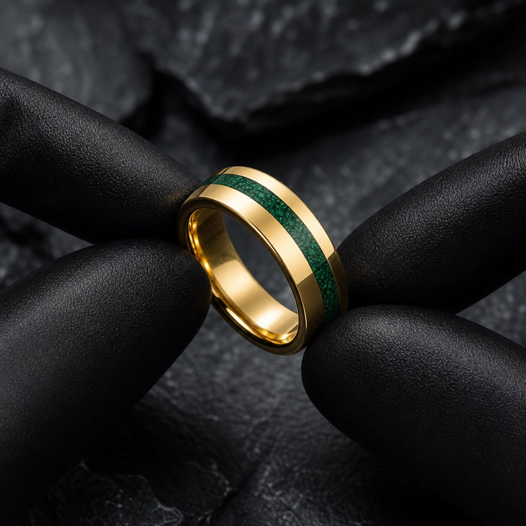 Gloved hands presenting the Sage ring, comfort-fit curve visible