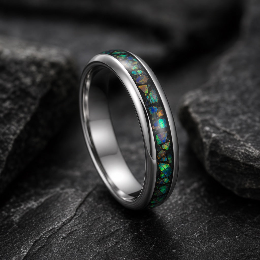 Saint ring showing round domed edges and abalone opal channel on dark stone