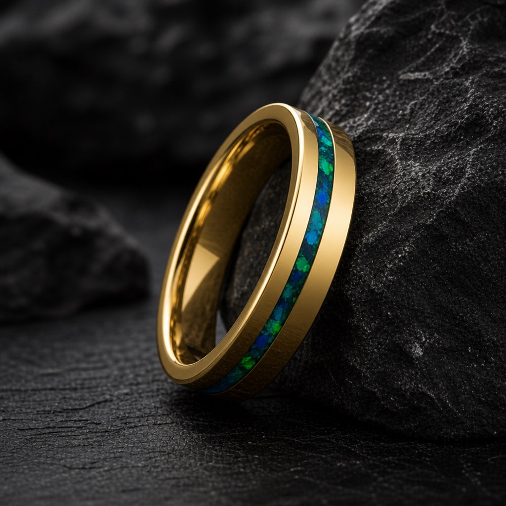 Savant ring showing off-centre green and blue opal channel and asymmetric gold field