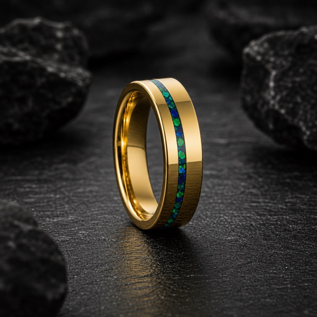 Savant ring standing on dark stone showing polished gold interior and offset green-blue opal channel